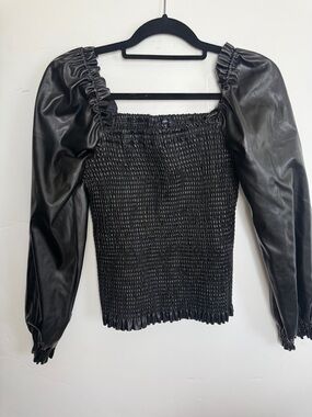 Black Smocked Puff-Sleeve Faux-Leather Women’s Top